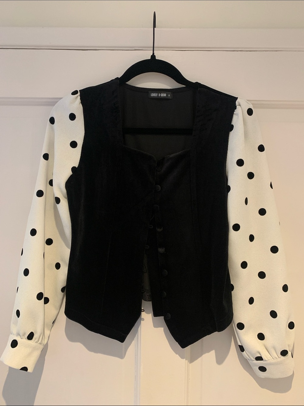 Black Velvet Bodice with White Polka Dot Sleeves